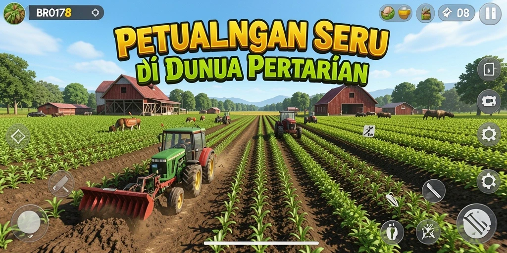 Screenshot gameplay BRO178 yang menampilkan kebun yang subur dan berwarna-warni.