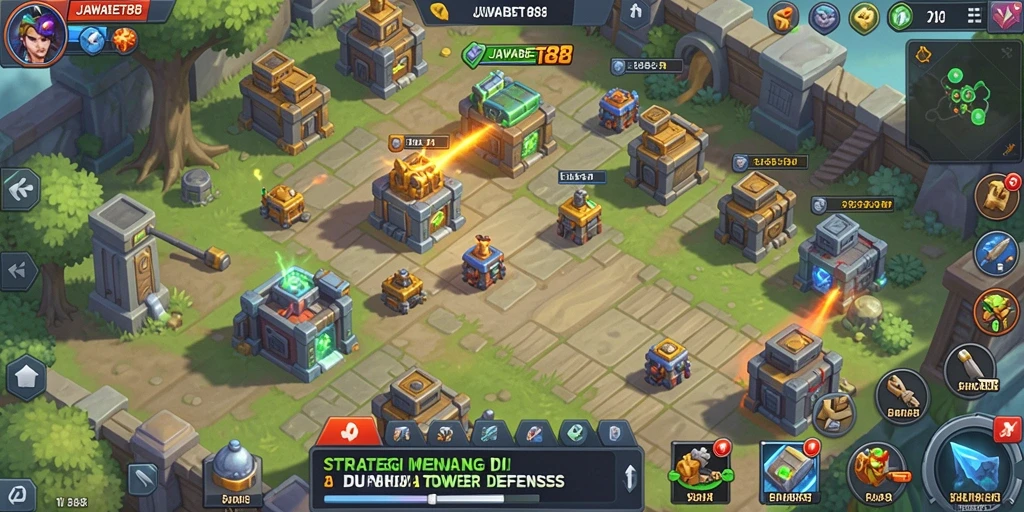 Tampilan gameplay menakjubkan dalam JAWABET88 Tower Defense.