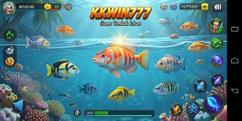 Tampilan gameplay seru di KKWIN777 dengan ikan-ikan yang berwarna-warni.