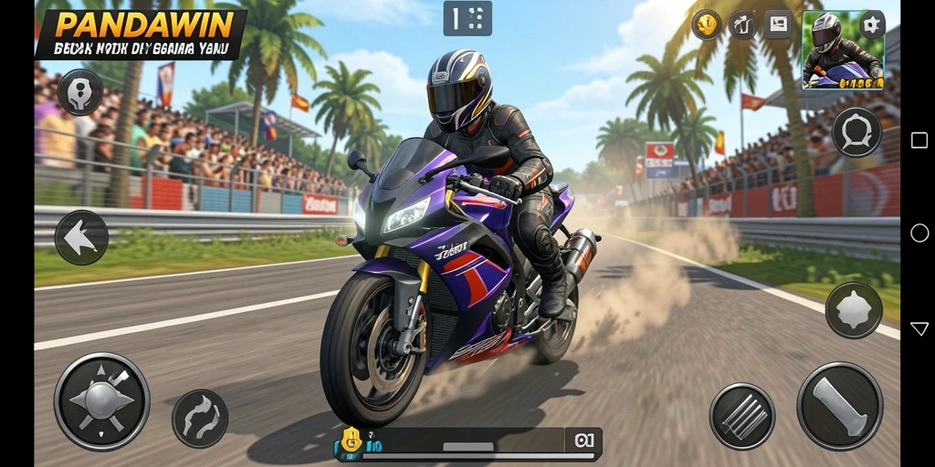 Tampilan gameplay seru dalam PANDAWIN saat balapan motor.