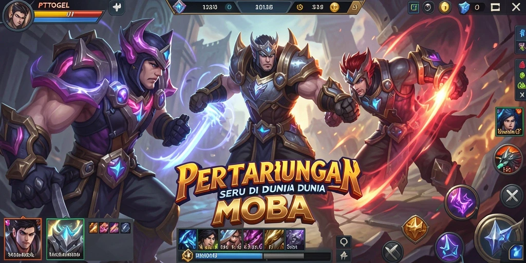 Screenshot gameplay PTTOGEL menampilkan pertempuran seru antar karakter MOBA.