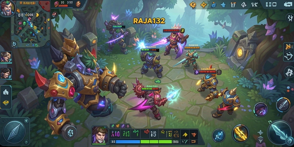 Screenshot utama RAJA132 menampilkan aksi seru dalam pertempuran MOBA.