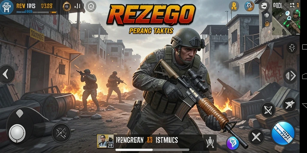 Tangkapan layar utama menunjukkan momen-momen intens di battlefield REZEGO.