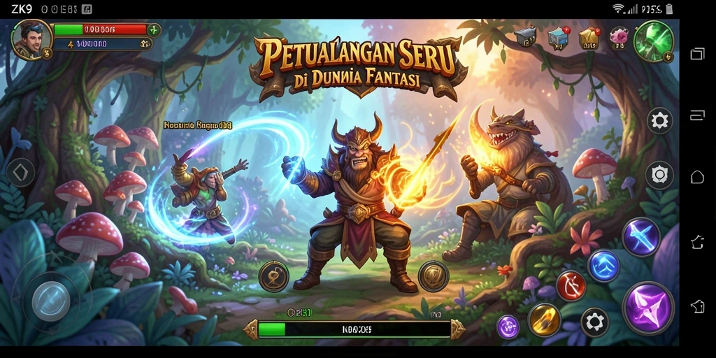 Screenshot ZK9 menampilkan karakter utama dalam aksi eksplorasi dunia fantasi.